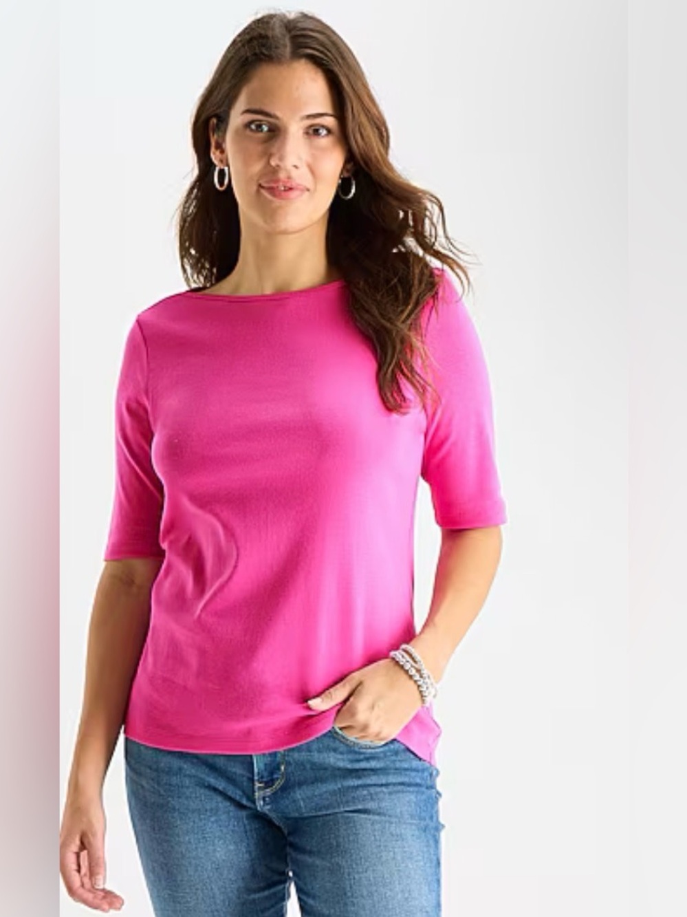St Johns Bay Classic Boat Neck Tee Party Pink Size L NWT 100% Cotton